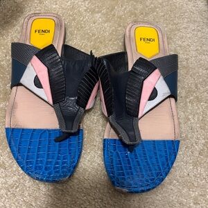 Fendi Blue and Pink Graphic Slide Sandals